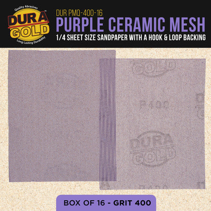 Premium 400 Grit 1/4 Sheet Size Purple Ceramic Mesh Sandpaper, Box of 16 - 4.5" x 5.5" Dustless Hook & Loop Backing, Palm Sanders, Sanding Blocks - Long-Lasting Fast Cut