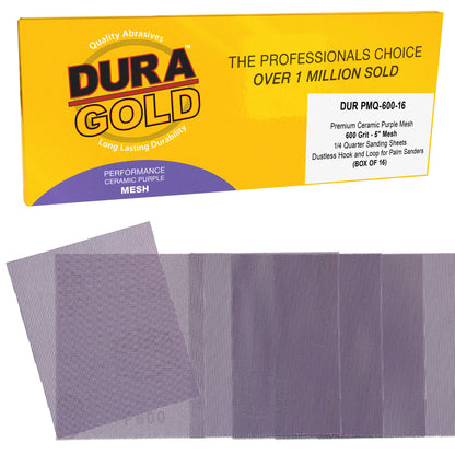 Premium 600 Grit 1/4 Sheet Size Purple Ceramic Mesh Sandpaper, Box of 16 - 4.5" x 5.5" Dustless Hook & Loop Backing, Palm Sanders, Sanding Blocks - Long-Lasting Fast Cut