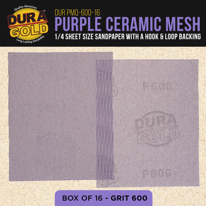 Premium 600 Grit 1/4 Sheet Size Purple Ceramic Mesh Sandpaper, Box of 16 - 4.5" x 5.5" Dustless Hook & Loop Backing, Palm Sanders, Sanding Blocks - Long-Lasting Fast Cut