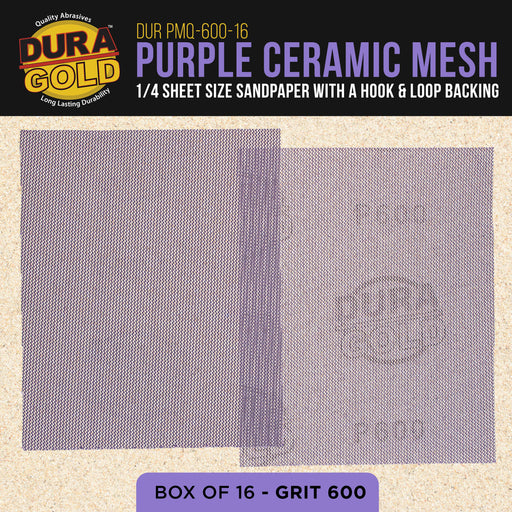 Premium 600 Grit 1/4 Sheet Size Purple Ceramic Mesh Sandpaper, Box of 16 - 4.5" x 5.5" Dustless Hook & Loop Backing, Palm Sanders, Sanding Blocks - Long-Lasting Fast Cut - Woodworking, Auto