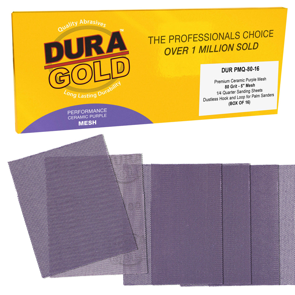 Premium 80 Grit 1/4 Sheet Size Purple Ceramic Mesh Sandpaper, Box of 16 - 4.5" x 5.5" Dustless Hook & Loop Backing, Palm Sanders, Sanding Blocks - Long-Lasting Fast Cut - Woodworking, Auto