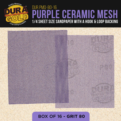Premium 80 Grit 1/4 Sheet Size Purple Ceramic Mesh Sandpaper, Box of 16 - 4.5" x 5.5" Dustless Hook & Loop Backing, Palm Sanders, Sanding Blocks - Long-Lasting Fast Cut