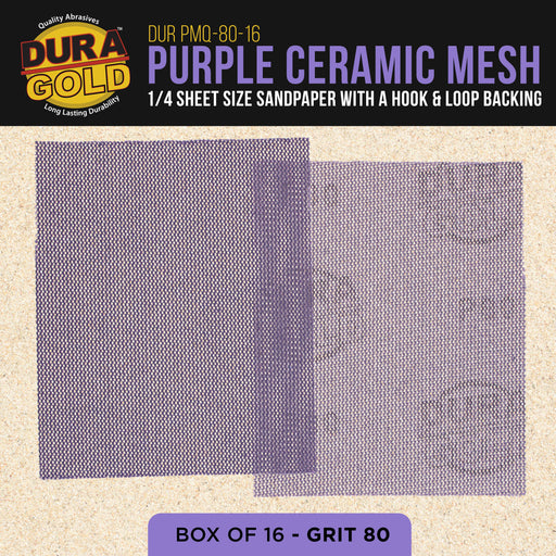 Premium 80 Grit 1/4 Sheet Size Purple Ceramic Mesh Sandpaper, Box of 16 - 4.5" x 5.5" Dustless Hook & Loop Backing, Palm Sanders, Sanding Blocks - Long-Lasting Fast Cut - Woodworking, Auto