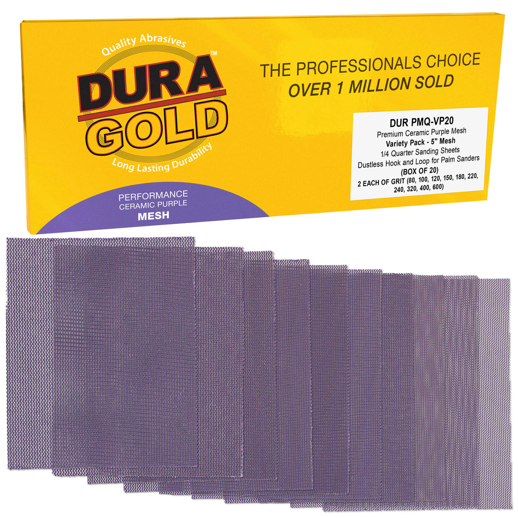 Premium 1/4 Sheet Size Purple Ceramic Mesh Sandpaper, 20 Sheet Variety Pack, Grits 80, 100, 120, 150, 180, 220, 240, 320, 400, 600 - Dustless Hook & Loop Backing, Palm Sanders, Sanding Block