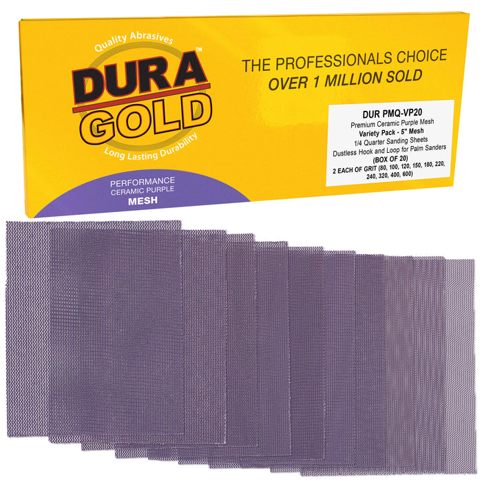 Premium 1/4 Sheet Size Purple Ceramic Mesh Sandpaper, 20 Sheet Variety Pack, Grits 80, 100, 120, 150, 180, 220, 240, 320, 400, 600 - Dustless Hook & Loop Backing, Palm Sanders, Sanding Block