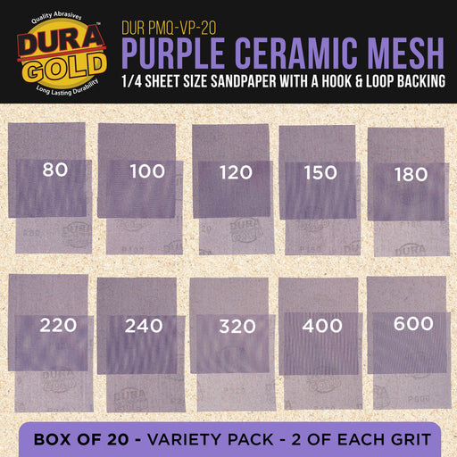 Premium 1/4 Sheet Size Purple Ceramic Mesh Sandpaper, 20 Sheet Variety Pack, Grits 80, 100, 120, 150, 180, 220, 240, 320, 400, 600 - Dustless Hook & Loop Backing, Palm Sanders, Sanding Block