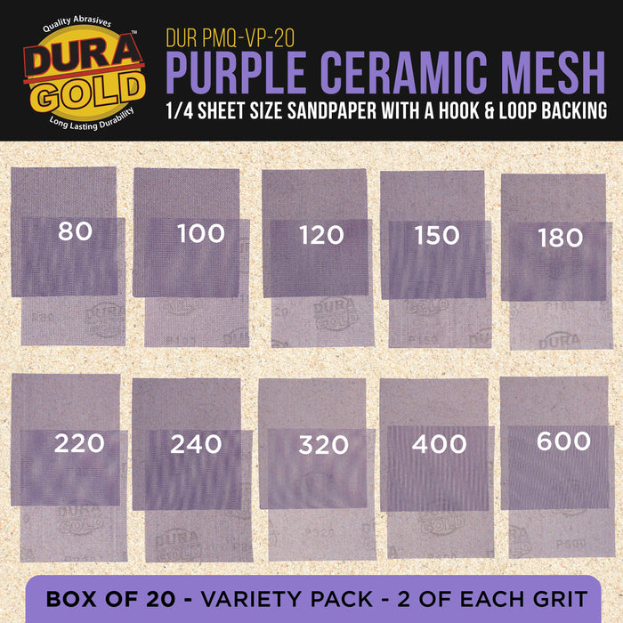 Premium 1/4 Sheet Size Purple Ceramic Mesh Sandpaper, 20 Sheet Variety Pack, Grits 80, 100, 120, 150, 180, 220, 240, 320, 400, 600 - Dustless Hook & Loop Backing, Palm Sanders, Sanding Block