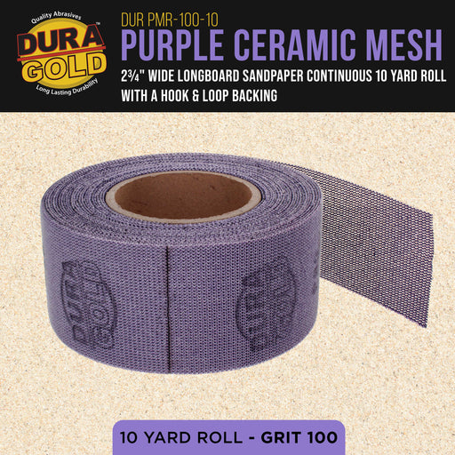 Premium 100 Grit Purple Ceramic Mesh Longboard Sandpaper, 2-3/4" Wide Continuous 10 Yard Roll - Dustless Hook & Loop Backing for Auto & Woodworking Air File Long Board Sanders, Sanding Block