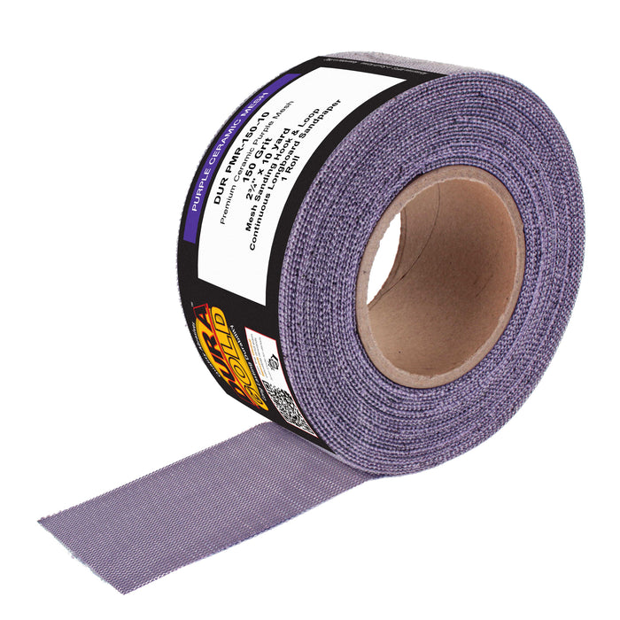 Premium 150 Grit Purple Ceramic Mesh Longboard Sandpaper, 2-3/4" Wide Continuous 10 Yard Roll - Dustless Hook & Loop Backing for Auto & Woodworking Air File Long Board Sanders, Sanding Block