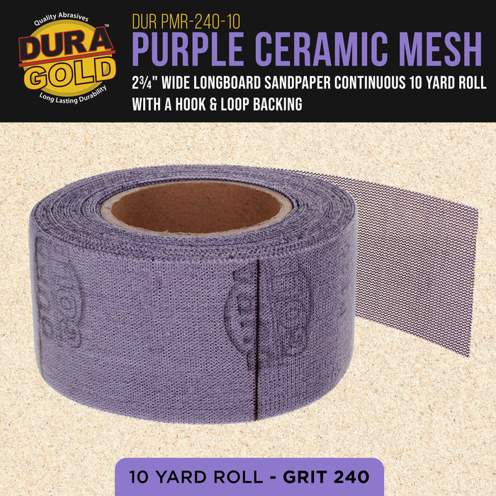 Premium 240 Grit Purple Ceramic Mesh Longboard Sandpaper, 2-3/4" Wide Continuous 10 Yard Roll - Dustless Hook & Loop Backing for Auto & Woodworking Air File Long Board Sanders, Sanding Block