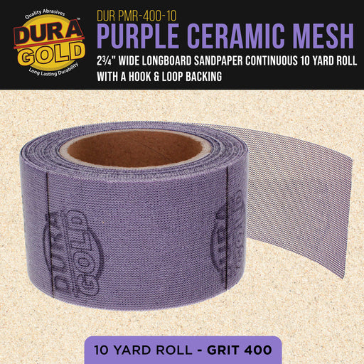 Premium 400 Grit Purple Ceramic Mesh Longboard Sandpaper, 2-3/4" Wide Continuous 10 Yard Roll - Dustless Hook & Loop Backing for Auto & Woodworking Air File Long Board Sanders, Sanding Block