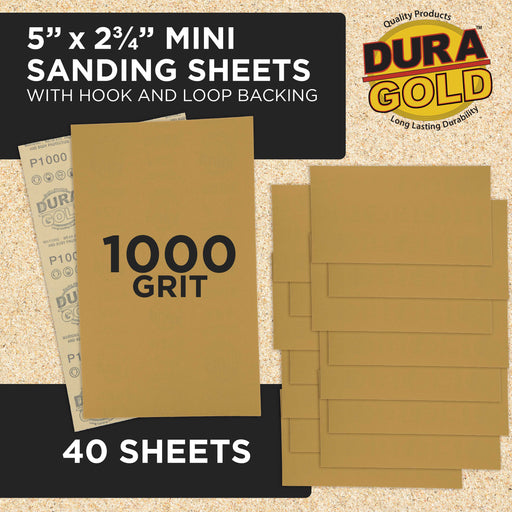 Premium 5" x 2.75" Gold Sandpaper Sheets, 1000 Grit (Box of 40) - Hook & Loop Backing, Wood Furniture Woodworking, Auto Paint - For Palm Sanders, Clip-On, Hand Sanding Blocks