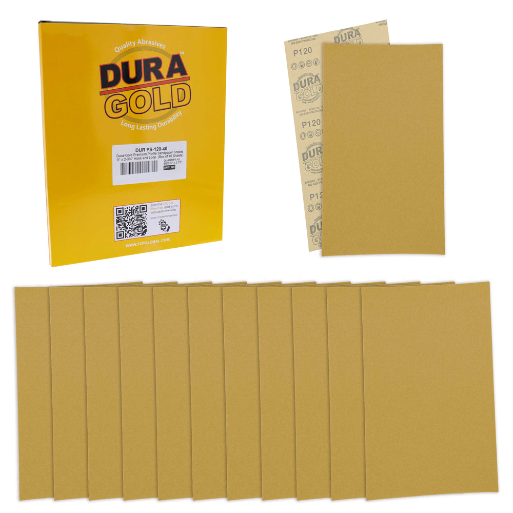 Premium 5" x 2.75" Gold Sandpaper Sheets, 120 Grit (Box of 40) - Hook & Loop Backing, Wood Furniture Woodworking, Auto Paint - For Palm Sanders, Clip-On, Hand Sanding Blocks