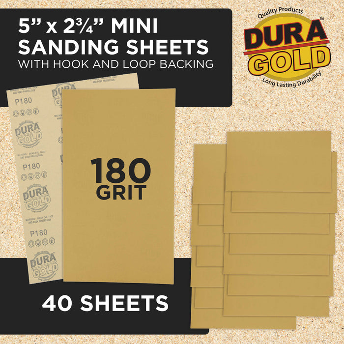 Premium 5" x 2.75" Gold Sandpaper Sheets, 180 Grit (Box of 40) - Hook & Loop Backing, Wood Furniture Woodworking, Auto Paint - For Palm Sanders, Clip-On, Hand Sanding Blocks