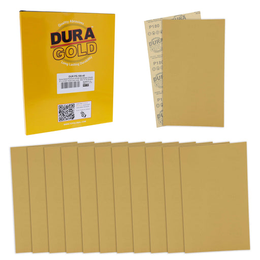 Premium 5" x 2.75" Gold Sandpaper Sheets, 180 Grit (Box of 40) - Hook & Loop Backing, Wood Furniture Woodworking, Auto Paint - For Palm Sanders, Clip-On, Hand Sanding Blocks