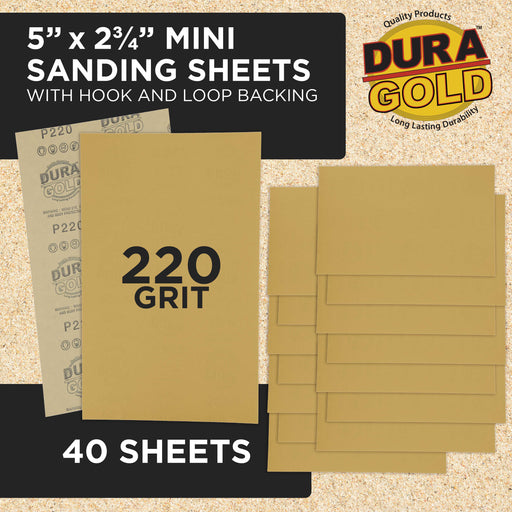 Premium 5" x 2.75" Gold Sandpaper Sheets, 220 Grit (Box of 40) - Hook & Loop Backing, Wood Furniture Woodworking, Auto Paint - For Palm Sanders, Clip-On, Hand Sanding Blocks