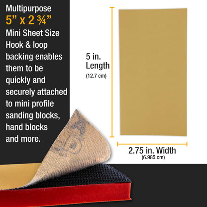 Premium 5" x 2.75" Gold Sandpaper Sheets, 320 Grit (Box of 40) - Hook & Loop Backing, Wood Furniture Woodworking, Auto Paint - For Palm Sanders, Clip-On, Hand Sanding Blocks