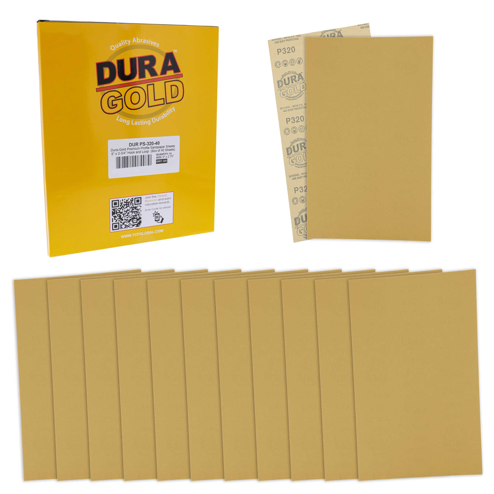 Premium 5" x 2.75" Gold Sandpaper Sheets, 320 Grit (Box of 40) - Hook & Loop Backing, Wood Furniture Woodworking, Auto Paint - For Palm Sanders, Clip-On, Hand Sanding Blocks