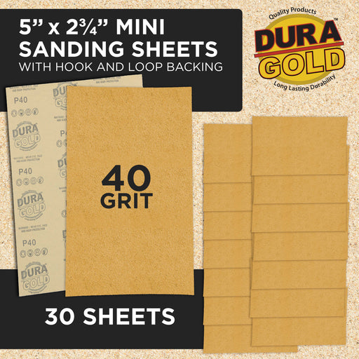 Premium 5" x 2.75" Gold Sandpaper Sheets, 40 Grit (Box of 30) - Hook & Loop Backing, Wood Furniture Woodworking, Auto Paint - For Palm Sanders, Clip-On, Hand Sanding Blocks