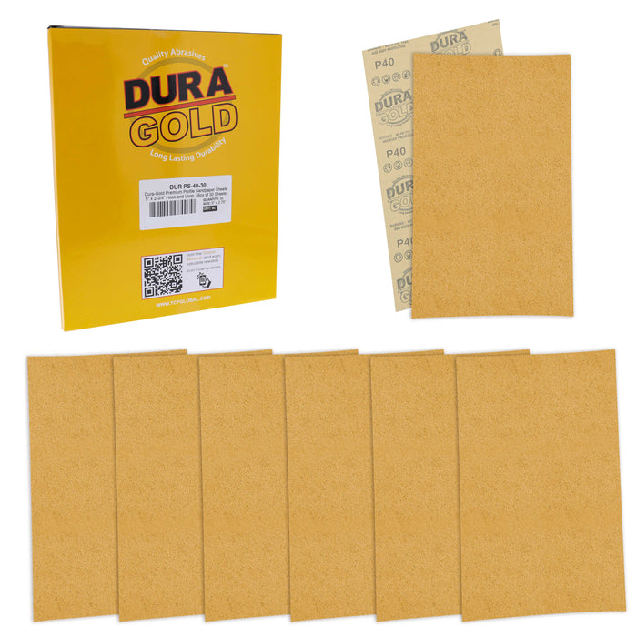 Premium 5" x 2.75" Gold Sandpaper Sheets, 40 Grit (Box of 30) - Hook & Loop Backing, Wood Furniture Woodworking, Auto Paint - For Palm Sanders, Clip-On, Hand Sanding Blocks