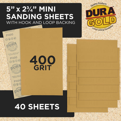 Premium 5" x 2.75" Gold Sandpaper Sheets, 400 Grit (Box of 40) - Hook & Loop Backing, Wood Furniture Woodworking, Auto Paint - For Palm Sanders, Clip-On, Hand Sanding Blocks