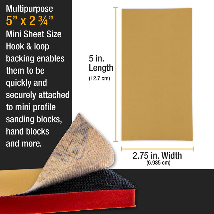 Premium 5" x 2.75" Gold Sandpaper Sheets, 400 Grit (Box of 40) - Hook & Loop Backing, Wood Furniture Woodworking, Auto Paint - For Palm Sanders, Clip-On, Hand Sanding Blocks