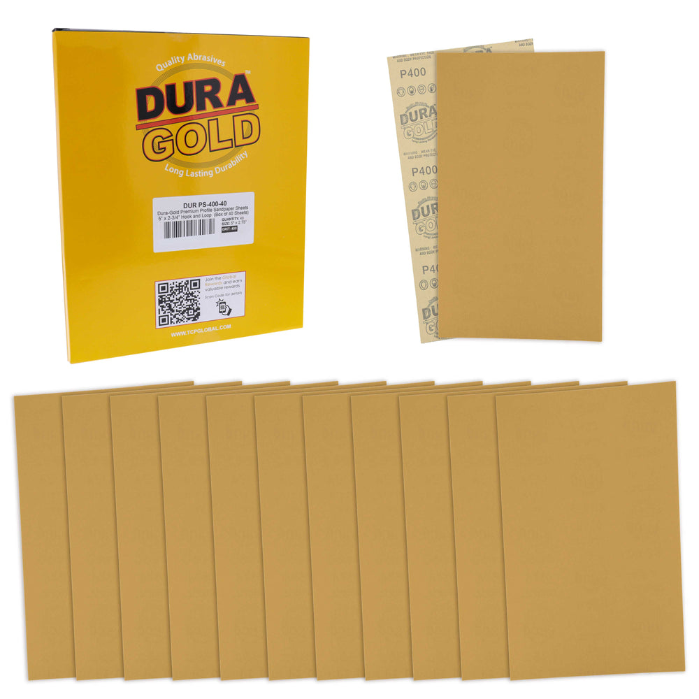 Premium 5" x 2.75" Gold Sandpaper Sheets, 400 Grit (Box of 40) - Hook & Loop Backing, Wood Furniture Woodworking, Auto Paint - For Palm Sanders, Clip-On, Hand Sanding Blocks