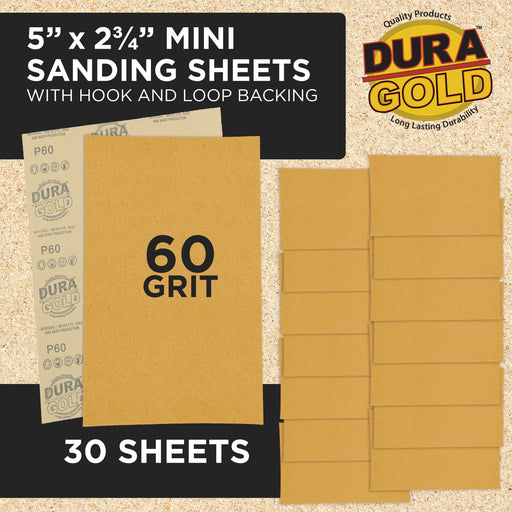 Premium 5" x 2.75" Gold Sandpaper Sheets, 60 Grit (Box of 30) - Hook & Loop Backing, Wood Furniture Woodworking, Auto Paint - For Palm Sanders, Clip-On, Hand Sanding Blocks