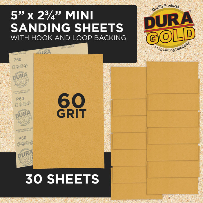 Premium 5" x 2.75" Gold Sandpaper Sheets, 60 Grit (Box of 30) - Hook & Loop Backing, Wood Furniture Woodworking, Auto Paint - For Palm Sanders, Clip-On, Hand Sanding Blocks