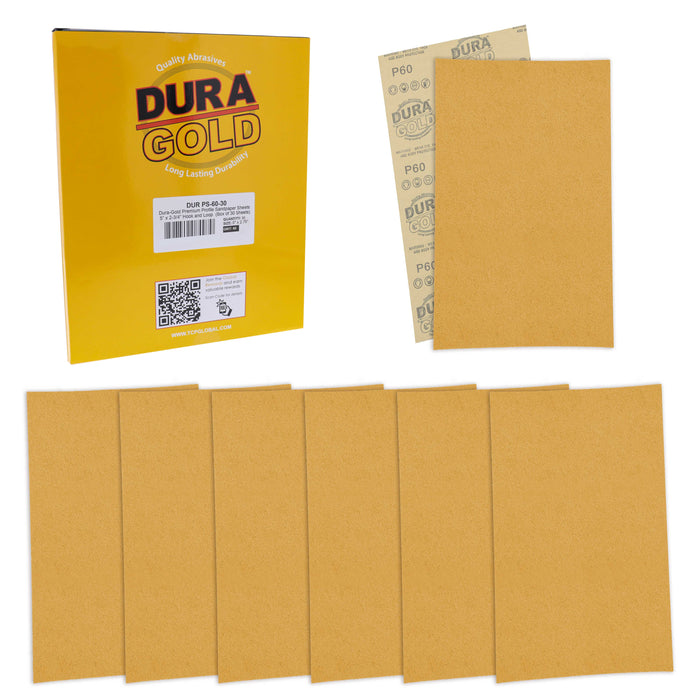 Premium 5" x 2.75" Gold Sandpaper Sheets, 60 Grit (Box of 30) - Hook & Loop Backing, Wood Furniture Woodworking, Auto Paint - For Palm Sanders, Clip-On, Hand Sanding Blocks