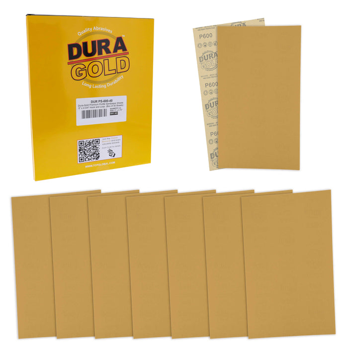 Premium 5" x 2.75" Gold Sandpaper Sheets, 600 Grit (Box of 40) - Hook & Loop Backing, Wood Furniture Woodworking, Auto Paint - For Palm Sanders, Clip-On, Hand Sanding Blocks