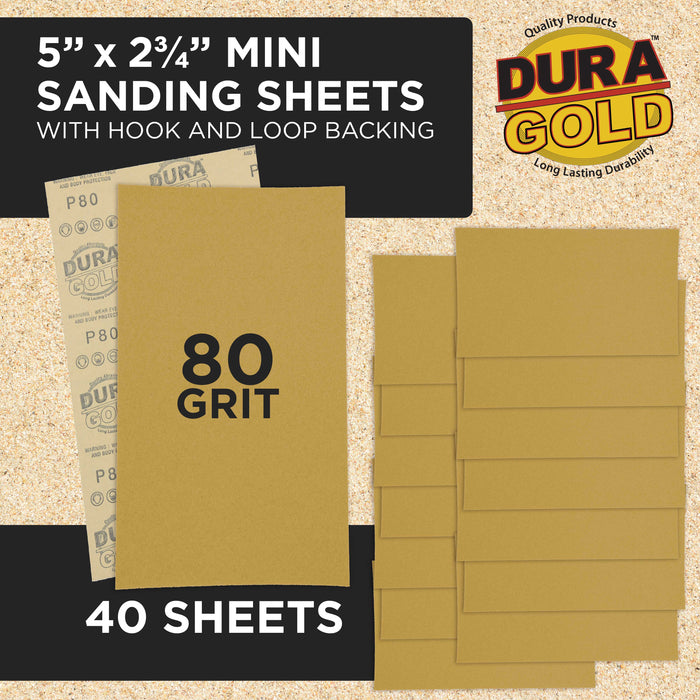 Premium 5" x 2.75" Gold Sandpaper Sheets, 80 Grit (Box of 40) - Hook & Loop Backing, Wood Furniture Woodworking, Auto Paint - For Palm Sanders, Clip-On, Hand Sanding Blocks
