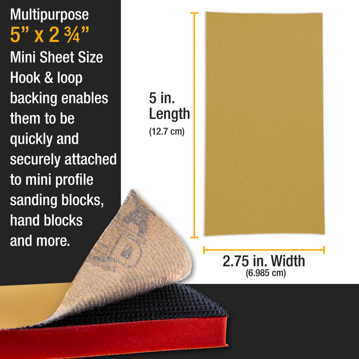 Premium 5" x 2.75" Gold Sandpaper Sheets, 80 Grit (Box of 40) - Hook & Loop Backing, Wood Furniture Woodworking, Auto Paint - For Palm Sanders, Clip-On, Hand Sanding Blocks