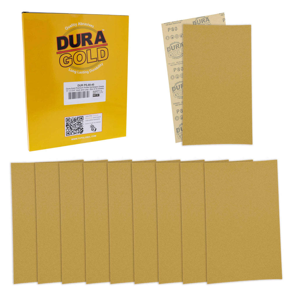 Premium 5" x 2.75" Gold Sandpaper Sheets, 80 Grit (Box of 40) - Hook & Loop Backing, Wood Furniture Woodworking, Auto Paint - For Palm Sanders, Clip-On, Hand Sanding Blocks