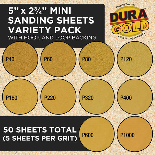 Premium 40, 60, 80, 120, 180, 220, 320, 400, 600, 1000 Grit 5" x 2.75" Size Gold Sandpaper with Hook & Loop Backing, 4 Each/40 Total -Woodworking, Sanders