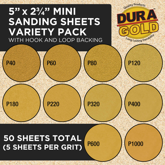 Premium 40, 60, 80, 120, 180, 220, 320, 400, 600, 1000 Grit 5" x 2.75" Size Gold Sandpaper with Hook & Loop Backing, 4 Each/40 Total -Woodworking, Sanders