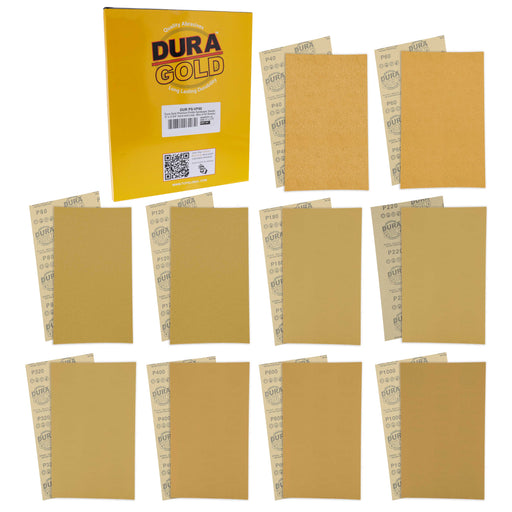 Premium 40, 60, 80, 120, 180, 220, 320, 400, 600, 1000 Grit 5" x 2.75" Size Gold Sandpaper with Hook & Loop Backing, 4 Each/40 Total -Woodworking, Sanders