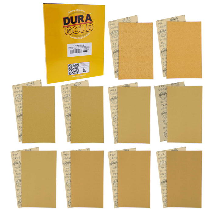 Premium 40, 60, 80, 120, 180, 220, 320, 400, 600, 1000 Grit 5" x 2.75" Size Gold Sandpaper with Hook & Loop Backing, 4 Each/40 Total -Woodworking, Sanders
