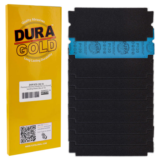 Dura-Gold Premium Drywall Sanding Sheets - 120 Grit (Box of 10), 4-1/4" x 11-1/4" Die-Cut to Fit Drywall Tools & Sanders - Silicon Carbide Sandpaper