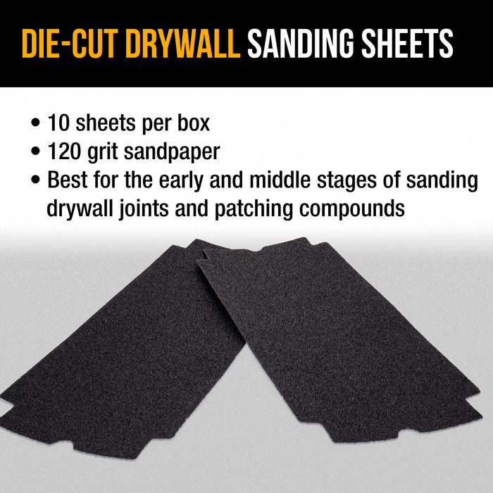 Dura-Gold Premium Drywall Sanding Sheets - 120 Grit (Box of 10), 4-1/4" x 11-1/4" Die-Cut to Fit Drywall Tools & Sanders - Silicon Carbide Sandpaper