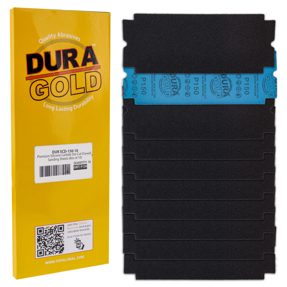 Dura-Gold Premium Drywall Sanding Sheets - 150 Grit (Box of 10), 4-1/4" x 11-1/4" Die-Cut to Fit Drywall Tools & Sanders - Silicon Carbide Sandpaper