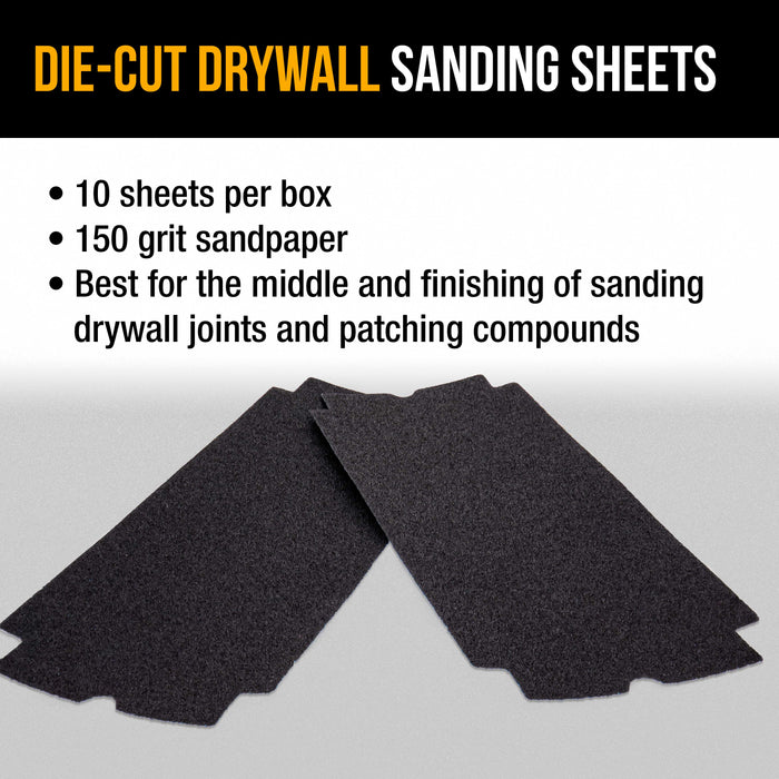 Dura-Gold Premium Drywall Sanding Sheets - 150 Grit (Box of 10), 4-1/4" x 11-1/4" Die-Cut to Fit Drywall Tools & Sanders - Silicon Carbide Sandpaper