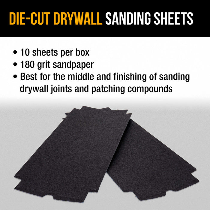 Dura-Gold Premium Drywall Sanding Sheets - 180 Grit (Box of 10), 4-1/4" x 11-1/4" Die-Cut to Fit Drywall Tools & Sanders - Silicon Carbide Sandpaper