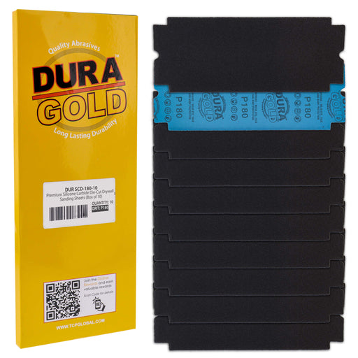 Dura-Gold Premium Drywall Sanding Sheets - 180 Grit (Box of 10), 4-1/4" x 11-1/4" Die-Cut to Fit Drywall Tools & Sanders - Silicon Carbide Sandpaper