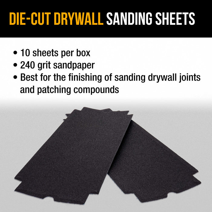 Dura-Gold Premium Drywall Sanding Sheets - 240 Grit (Box of 10), 4-1/4" x 11-1/4" Die-Cut to Fit Drywall Tools & Sanders - Silicon Carbide Sandpaper