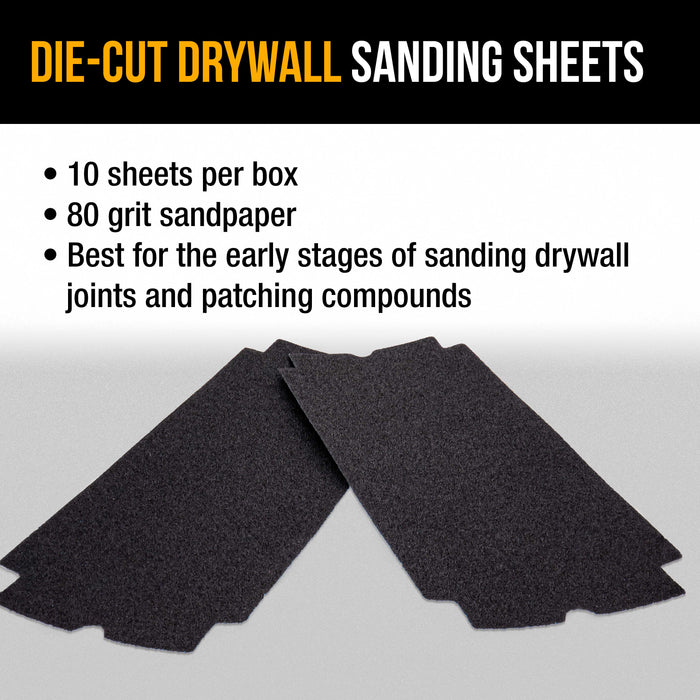 Dura-Gold Premium Drywall Sanding Sheets - 80 Grit (Box of 10), 4-1/4" x 11-1/4" Die-Cut to Fit Drywall Tools & Sanders - Silicon Carbide Sandpaper