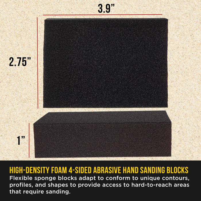 100 Grit 4-Sided Hand Sanding Block Sponges, Box of 6 - Performance Flex 3.9" x 2.75" x 1" Wet or Dry Flexible Sandpaper Abrasive Brick Pads, Reusable - Sand Wood, Drywall, Metal, Auto Paint