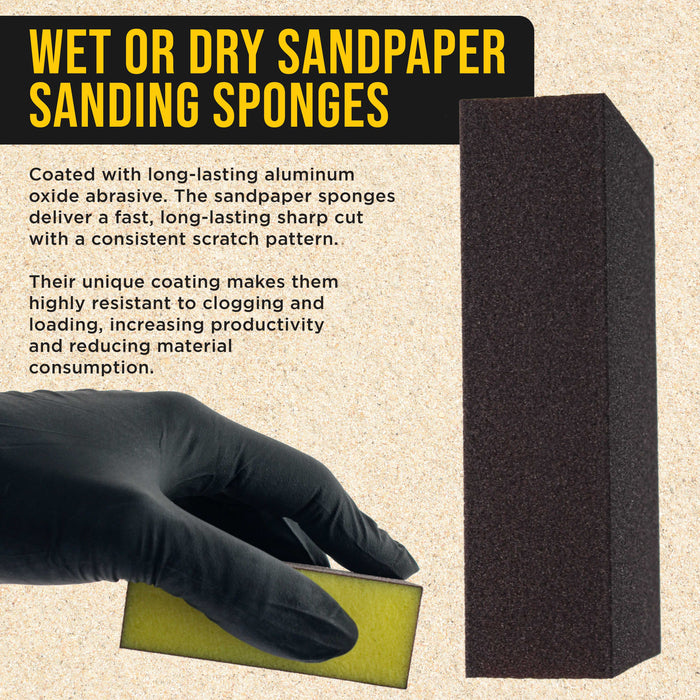 100 Grit 4-Sided Hand Sanding Block Sponges, Box of 6 - Performance Flex 3.9" x 2.75" x 1" Wet or Dry Flexible Sandpaper Abrasive Brick Pads, Reusable - Sand Wood, Drywall, Metal, Auto Paint