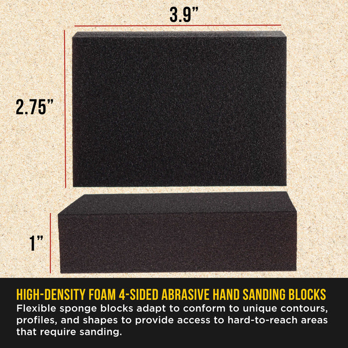 150 Grit 4-Sided Hand Sanding Block Sponges, Box of 6 - Performance Flex 3.9" x 2.75" x 1" Wet or Dry Flexible Sandpaper Abrasive Brick Pads, Reusable - Sand Wood, Drywall, Metal, Auto Paint