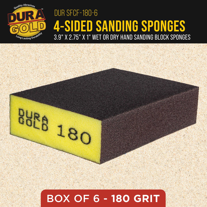 180 Grit 4-Sided Hand Sanding Block Sponges, Box of 6 - Performance Flex 3.9" x 2.75" x 1" Wet or Dry Flexible Sandpaper Abrasive Brick Pads, Reusable - Sand Wood, Drywall, Metal, Auto Paint